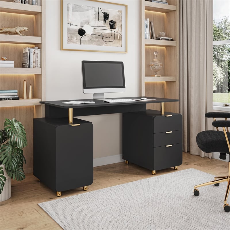 Pemberly Row Executive Desk with 3 Drawers and Cabinet - Black and Gold