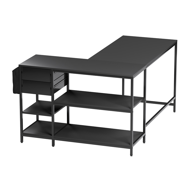Pemberly Row L-Shaped Desk with Drawers - Shelves and Organizer - Black