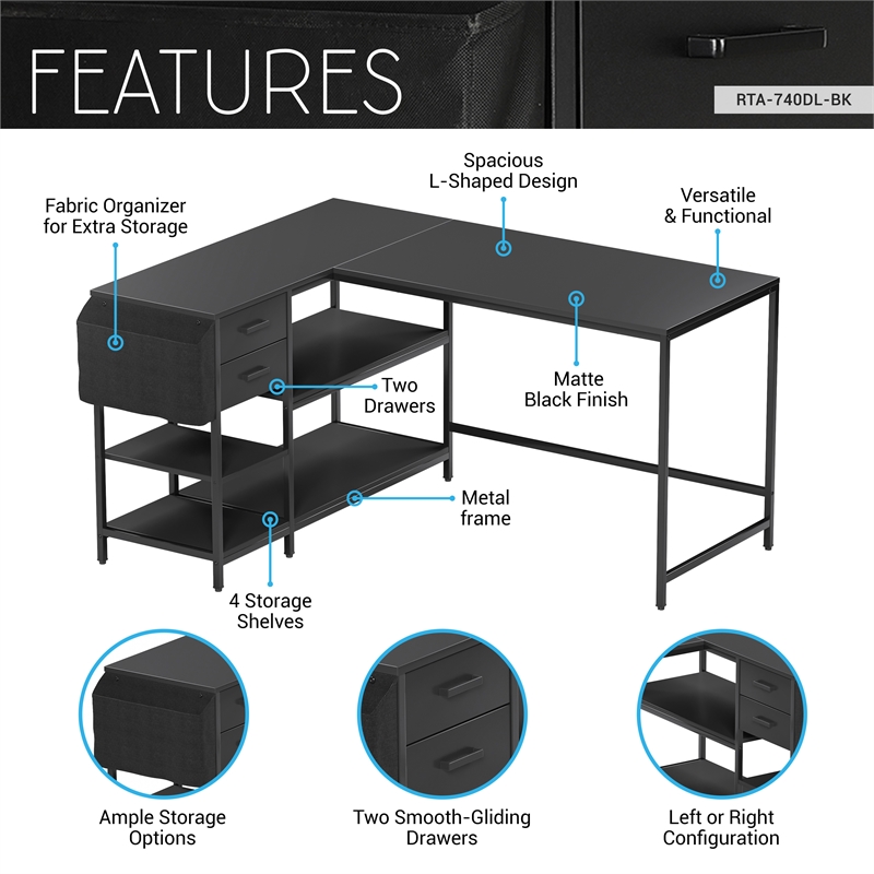 Pemberly Row L-Shaped Desk with Drawers - Shelves and Organizer - Black