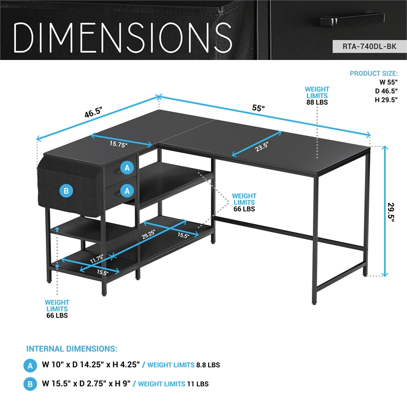 Pemberly Row L-Shaped Desk with Drawers - Shelves and Organizer - Black