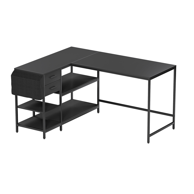 Pemberly Row L-Shaped Desk with Drawers - Shelves and Organizer - Black