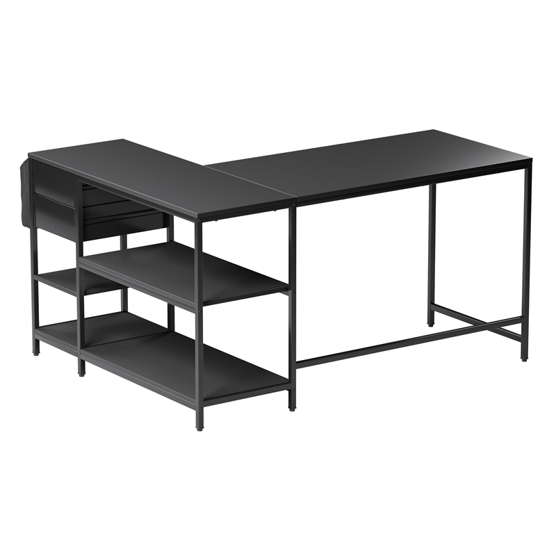 Pemberly Row L-Shaped Desk with Drawers - Shelves and Organizer - Black