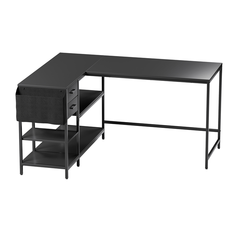 Pemberly Row L-Shaped Desk with Drawers - Shelves and Organizer - Black