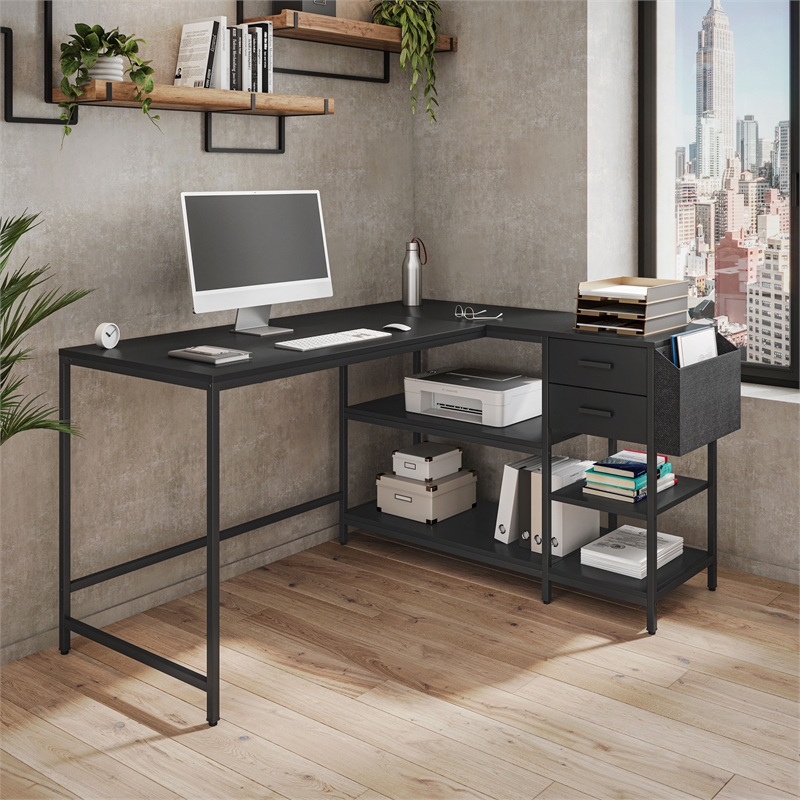 Pemberly Row L-Shaped Desk with Drawers - Shelves and Organizer - Black