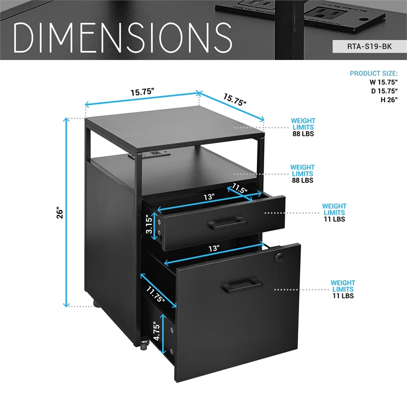 Pemberly Row Black 2-Drawer Rolling Locking File Cabinet w/ USB