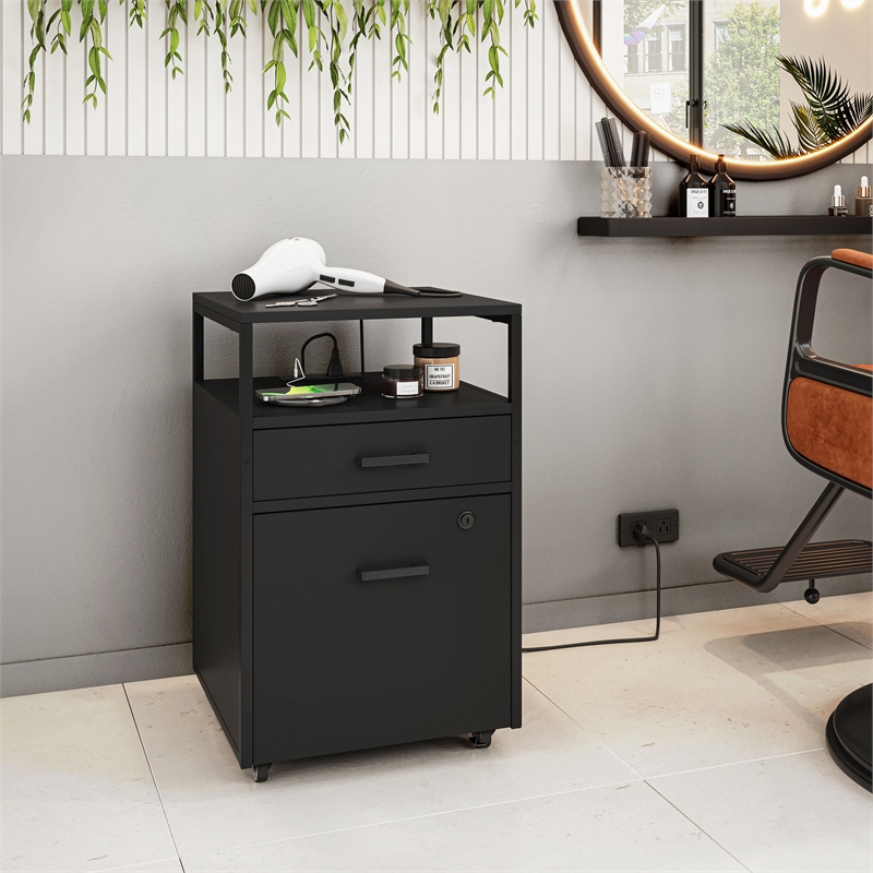 Pemberly Row Black 2-Drawer Rolling Locking File Cabinet w/ USB