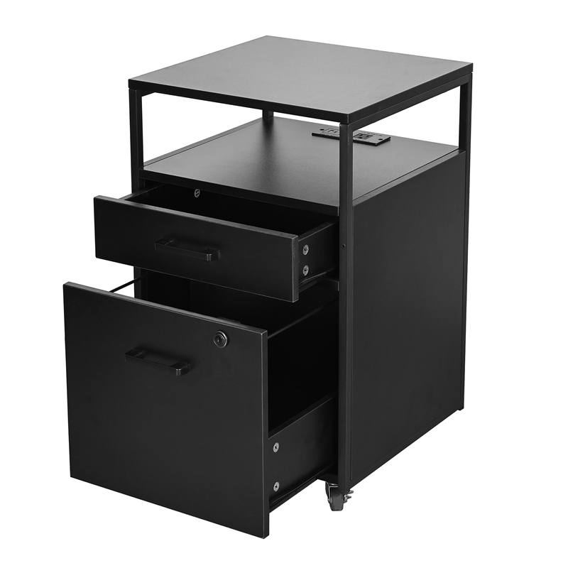 Pemberly Row Black 2-Drawer Rolling Locking File Cabinet w/ USB