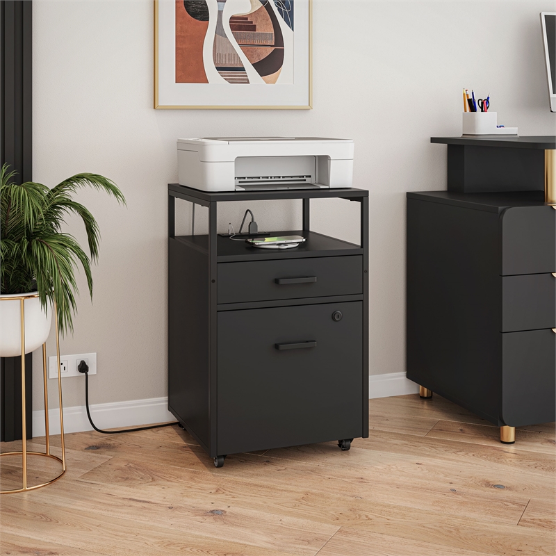 Pemberly Row Black 2-Drawer Rolling Locking File Cabinet w/ USB
