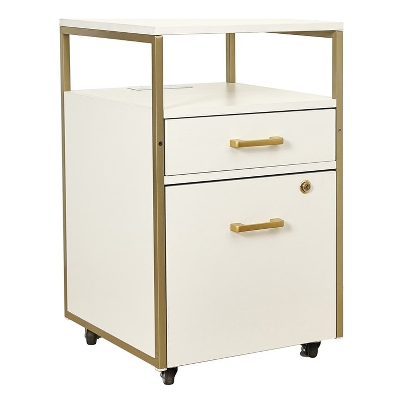 Pemberly Row White & Gold Rolling Locking File Cabinet w/ USB