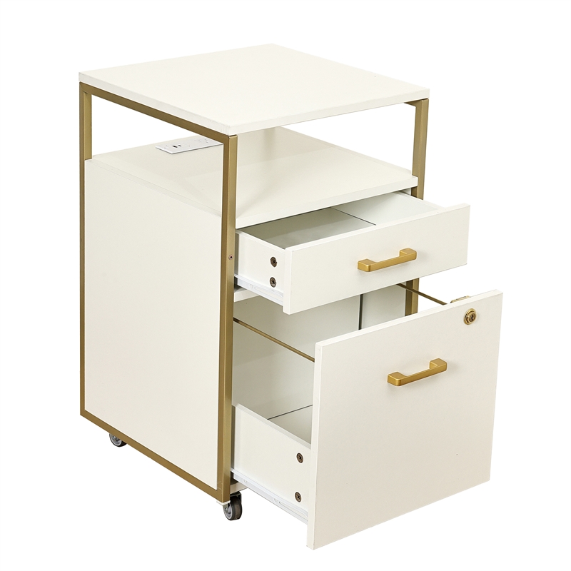 Pemberly Row White & Gold Rolling Locking File Cabinet w/ USB