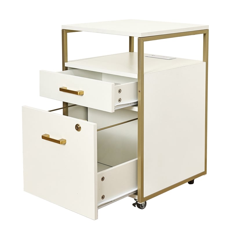 Pemberly Row White & Gold Rolling Locking File Cabinet w/ USB