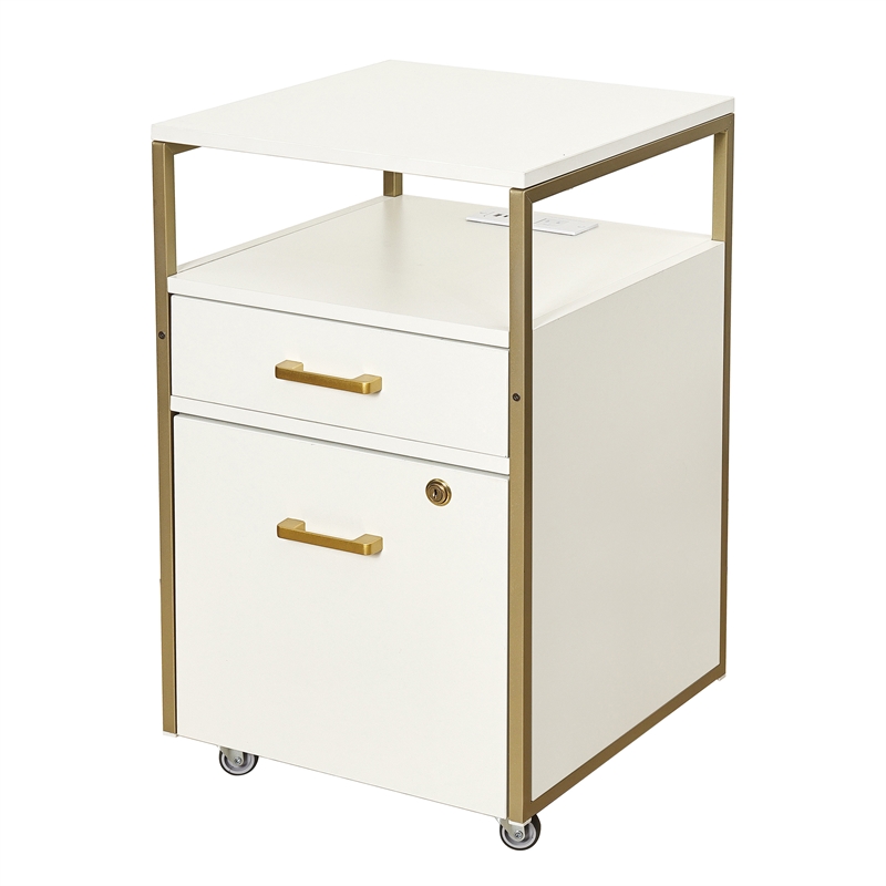 Pemberly Row White & Gold Rolling Locking File Cabinet w/ USB