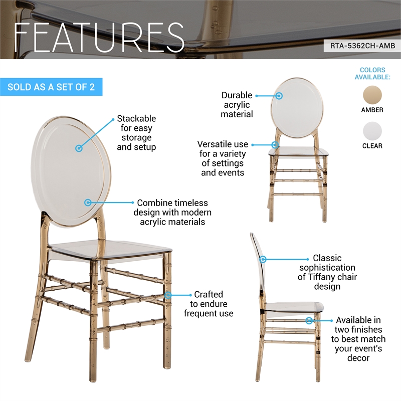 Pemberly Row Stackable Ghost Style Amber Acrylic Event Chairs - Set of 2