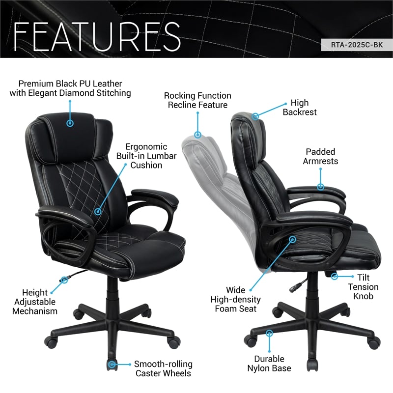 Pemberly Row High-Back Ergonomic Office Chair - Black Faux Leather