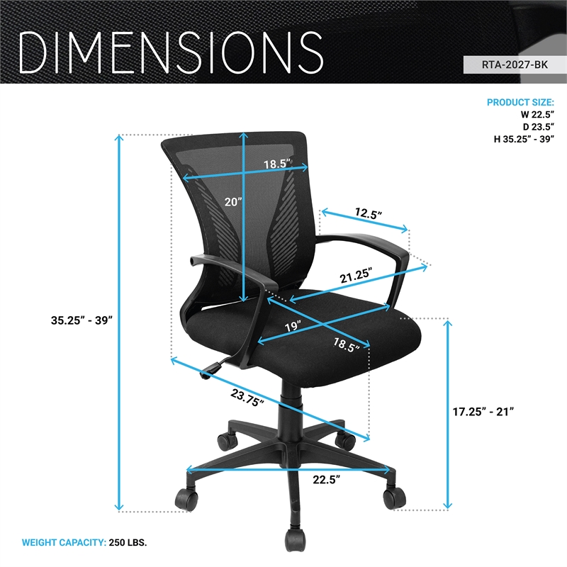 Pemberly Row Ergonomic Black Mesh Office Chair with Adjustable Height