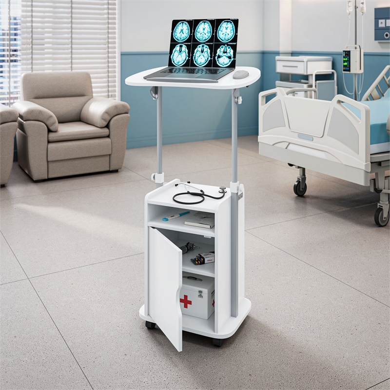 Pemberly Row White Rolling Laptop Cart - Adjustable Height Desk with Storage