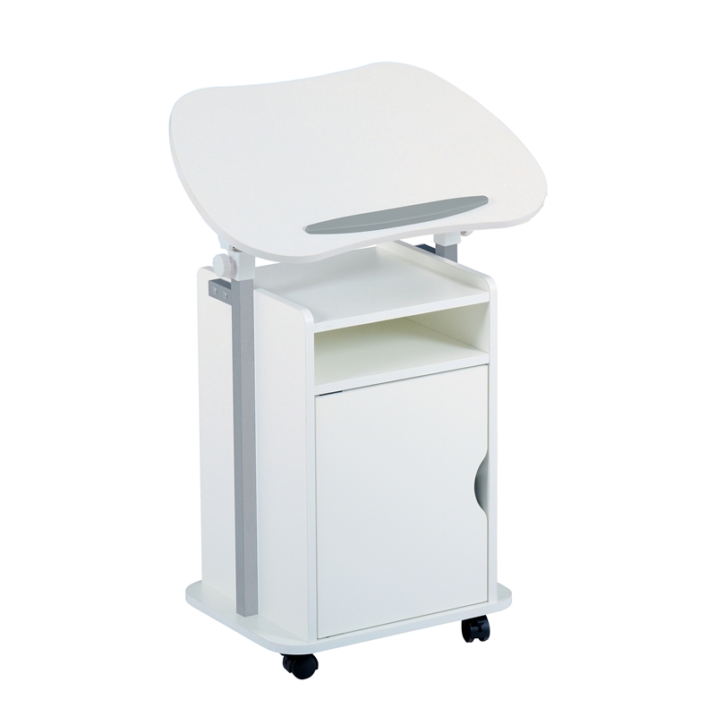 Pemberly Row White Rolling Laptop Cart - Adjustable Height Desk with Storage