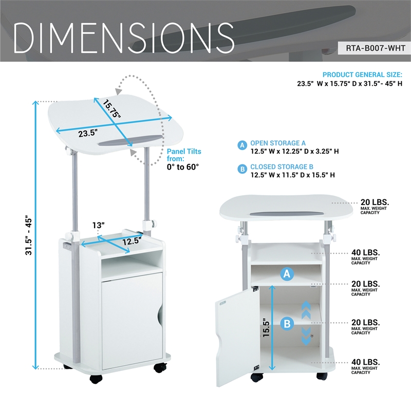 Pemberly Row White Rolling Laptop Cart - Adjustable Height Desk with Storage