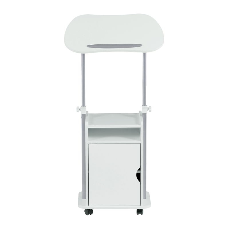 Pemberly Row White Rolling Laptop Cart - Adjustable Height Desk with Storage