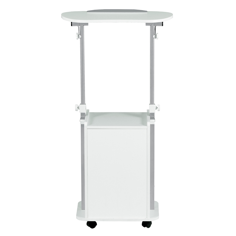 Pemberly Row White Rolling Laptop Cart - Adjustable Height Desk with Storage