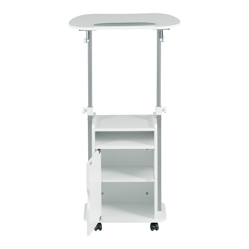 Pemberly Row White Rolling Laptop Cart - Adjustable Height Desk with Storage