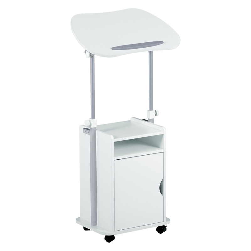 Pemberly Row White Rolling Laptop Cart - Adjustable Height Desk with Storage