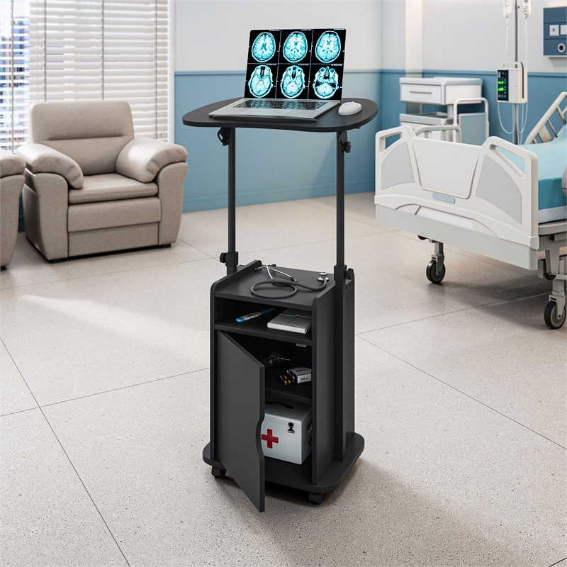 Pemberly Row Black Rolling Laptop Cart - Adjustable Height Desk with Storage