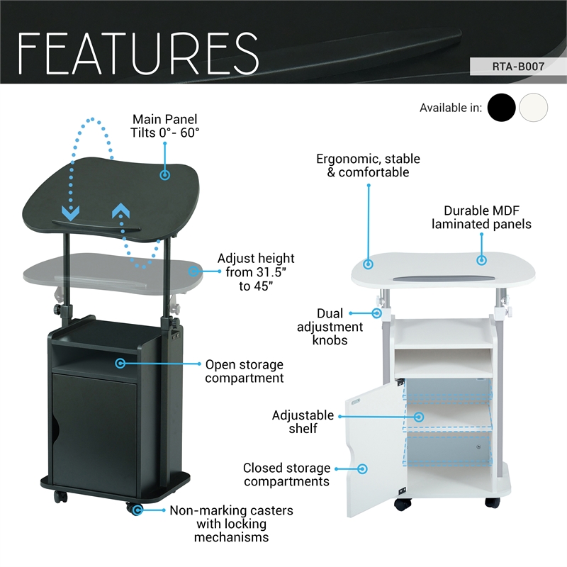 Pemberly Row Black Rolling Laptop Cart - Adjustable Height Desk with Storage