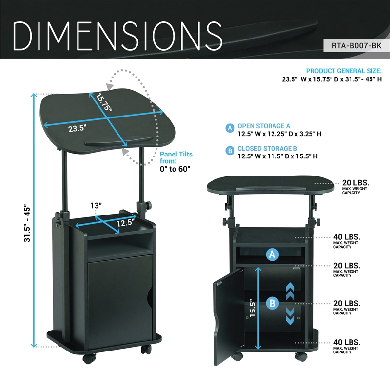 Pemberly Row Black Rolling Laptop Cart - Adjustable Height Desk with Storage