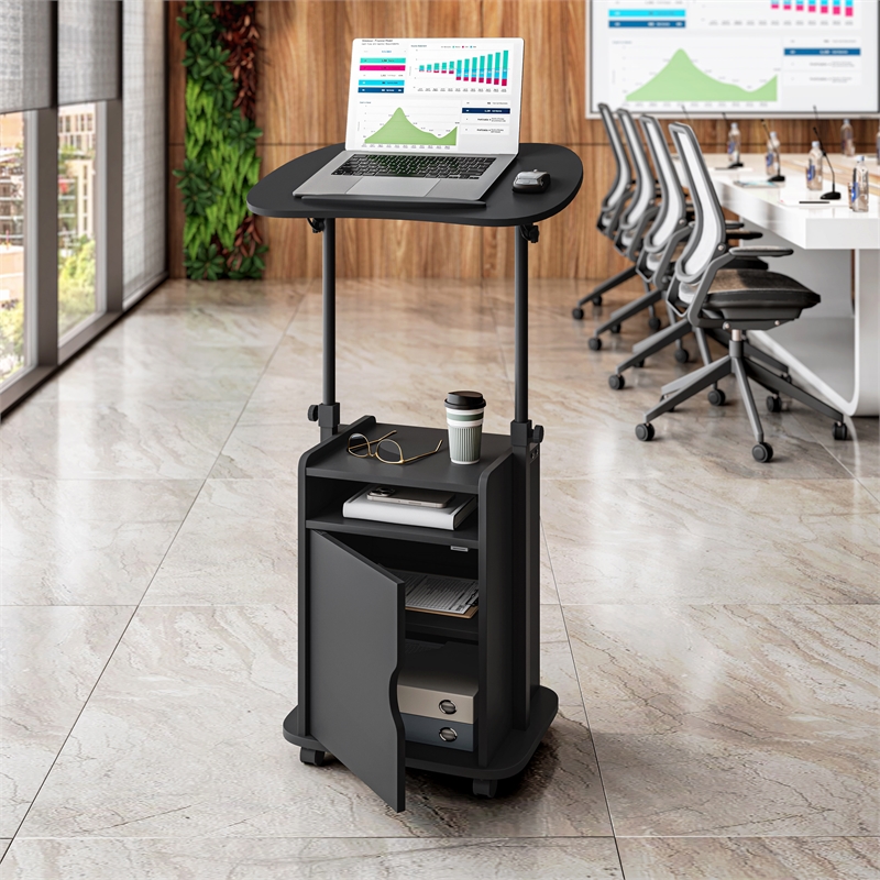 Pemberly Row Black Rolling Laptop Cart - Adjustable Height Desk with Storage