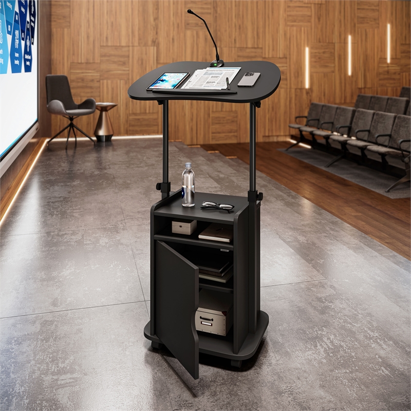 Pemberly Row Black Rolling Laptop Cart - Adjustable Height Desk with Storage