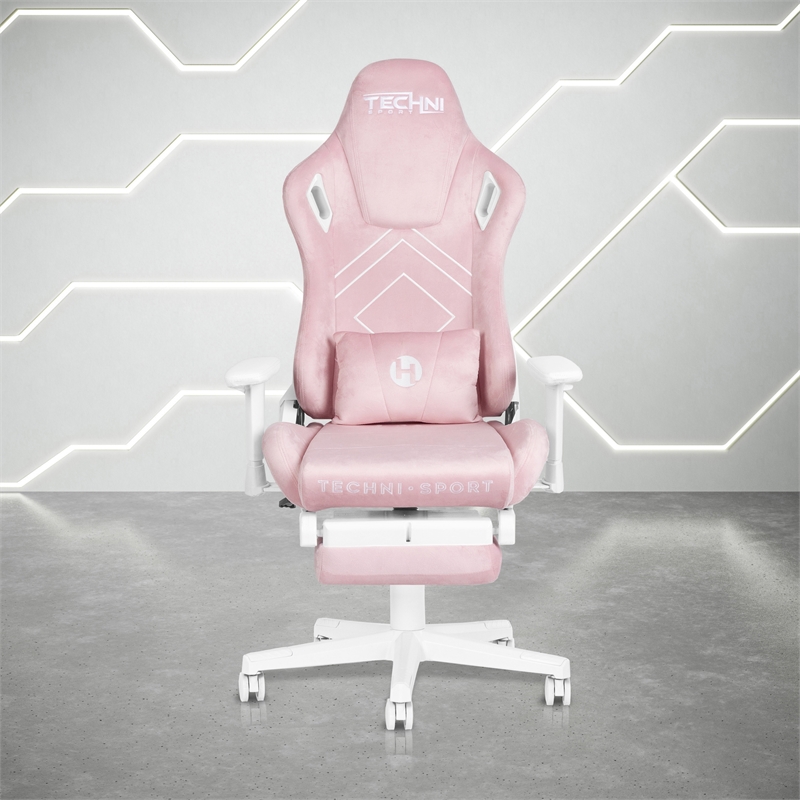 Pemberly Row Contemporary Velvet Gaming Chair with Footrest in Pink