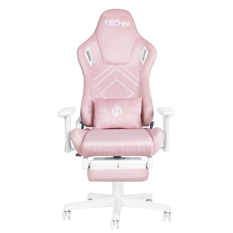 Pemberly Row Contemporary Velvet Gaming Chair with Footrest in Pink