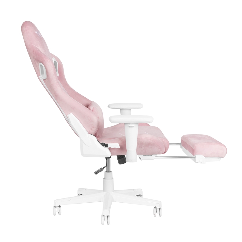 Pemberly Row Contemporary Velvet Gaming Chair with Footrest in Pink