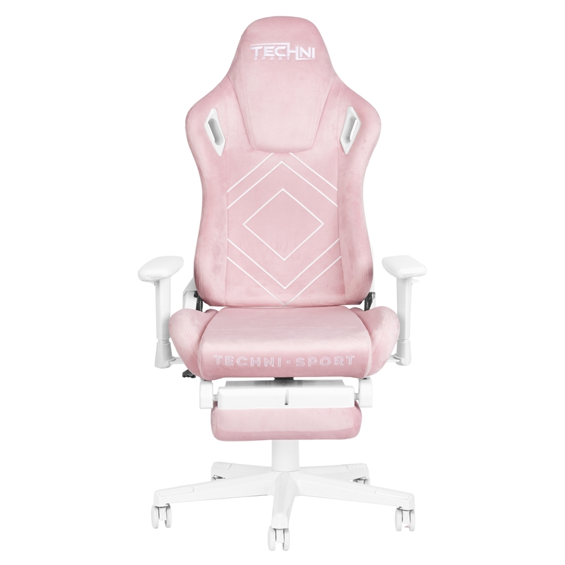 Pemberly Row Contemporary Velvet Gaming Chair with Footrest in Pink