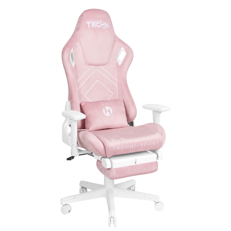 Pemberly Row Contemporary Velvet Gaming Chair with Footrest in Pink
