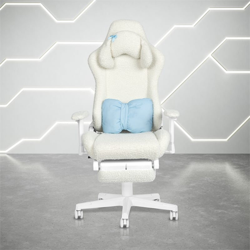 Pemberly Row Contemporary White Fuzzy Bunny Gaming Chair with Footrest