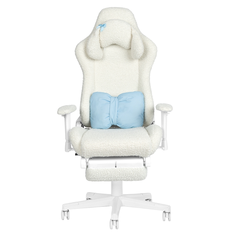 Pemberly Row Contemporary White Fuzzy Bunny Gaming Chair with Footrest