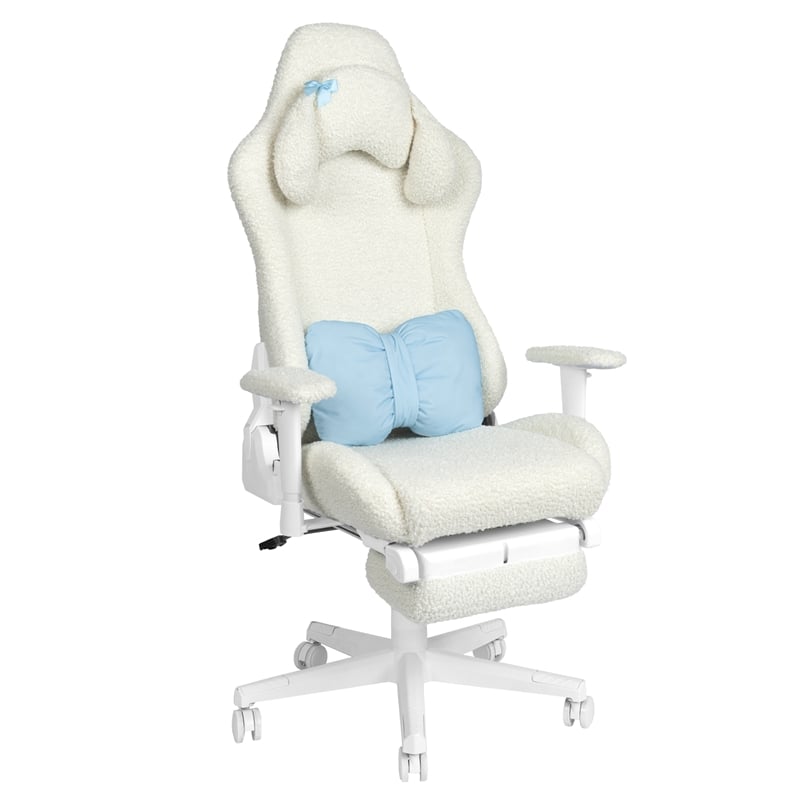 Pemberly Row Contemporary White Fuzzy Bunny Gaming Chair with Footrest