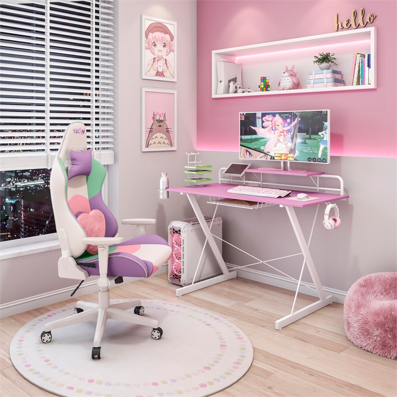 Pemberly Row Carbon Laminated Computer Gaming Desk with Shelves - Pink/White