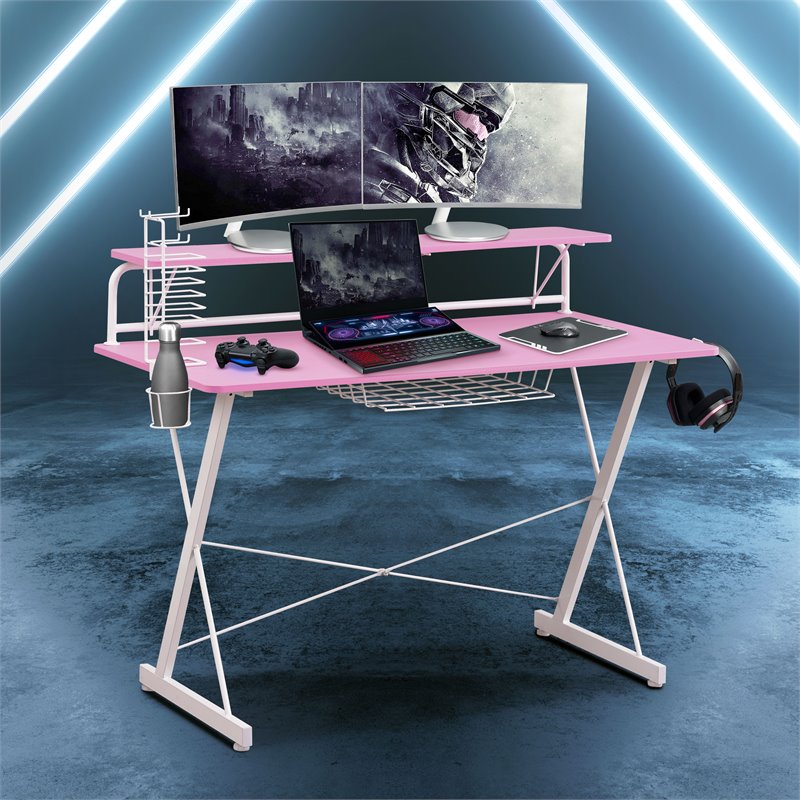 Pemberly Row Carbon Laminated Computer Gaming Desk with Shelves - Pink/White