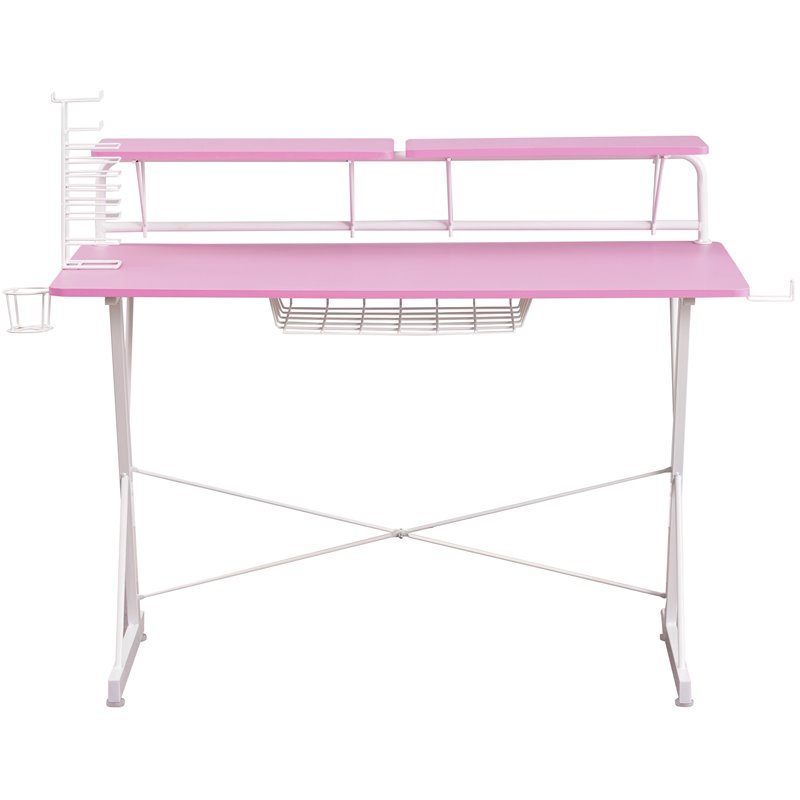 Pemberly Row Carbon Laminated Computer Gaming Desk with Shelves - Pink/White