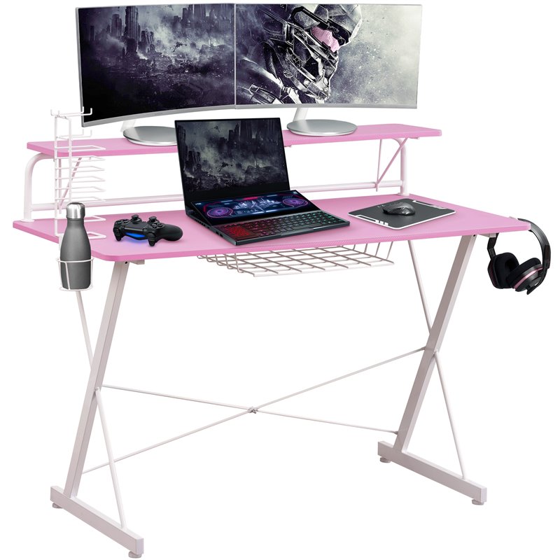 Pemberly Row Carbon Laminated Computer Gaming Desk with Shelves - Pink/White