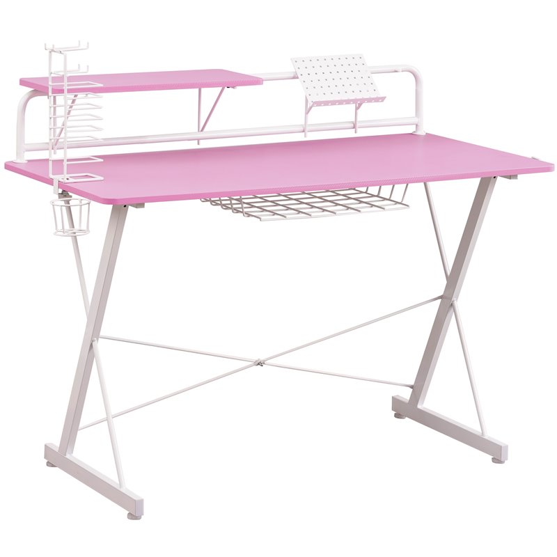 Pemberly Row Carbon Laminated Computer Gaming Desk with Shelves - Pink/White