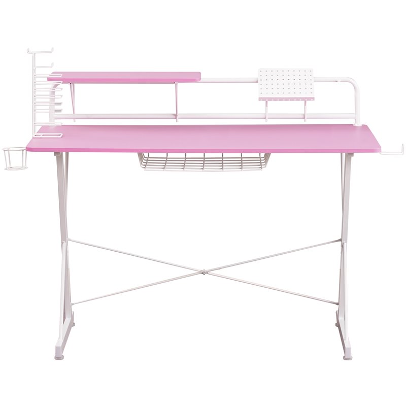 Pemberly Row Carbon Laminated Computer Gaming Desk with Shelves - Pink/White
