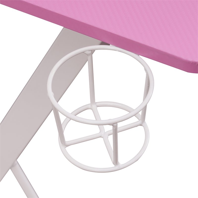 Pemberly Row Carbon Laminated Computer Gaming Desk with Shelves - Pink/White