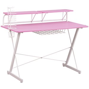 Pemberly Row Carbon Laminated Computer Gaming Desk with Shelves - Pink/White