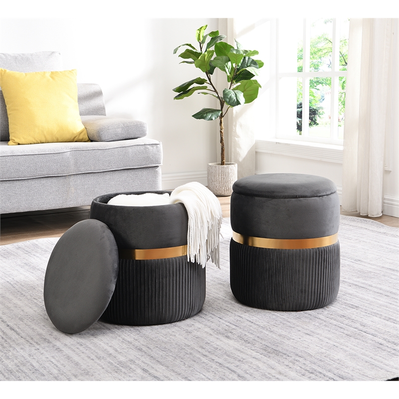 Pemberly Row Modern Fabric Storage Ottoman in Gray/Brushed Gold
