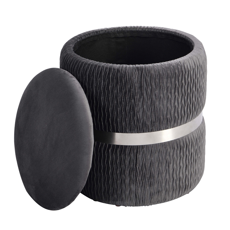 Pemberly Row Modern Fabric Storage Ottoman in Gray/Brushed Silver