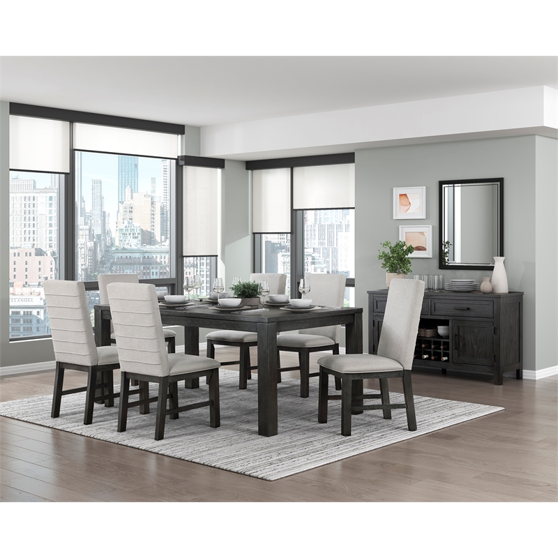 Pemberly Row Wood and Fabric Dining Room Chairs in Antique Black (Set of 6)